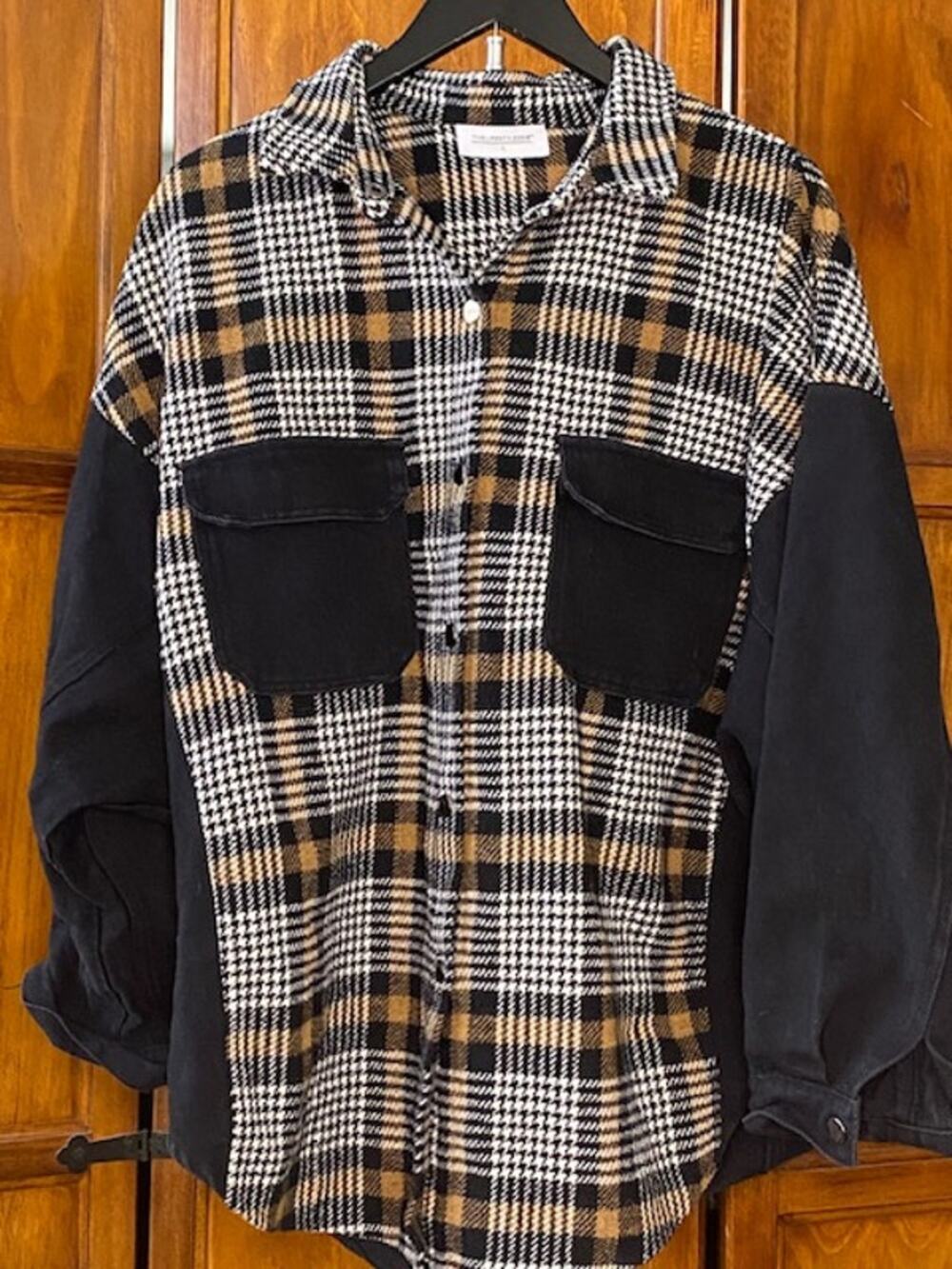 The Lifestyle Co Plaid Shacket Jacket Womens Lrg Black Tan Snap Button Overshirt